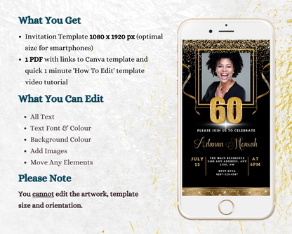 Black Gold Confetti W/Photo | 60th Birthday Evite displayed on a smartphone screen, showcasing a customizable invitation template featuring a woman's smiling face and celebratory design.