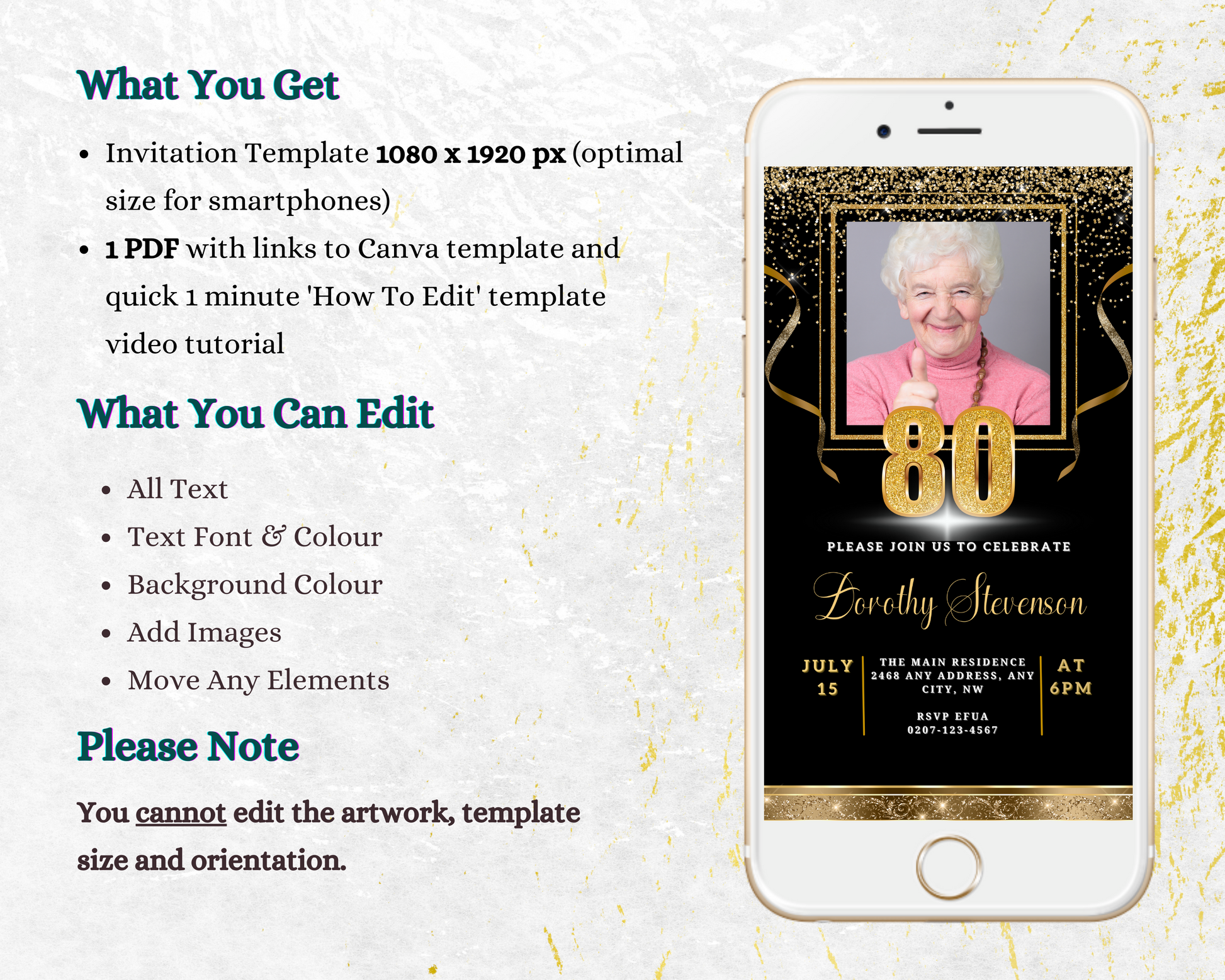 Digital Black Gold Confetti 80th Birthday Evite displayed on a smartphone screen, featuring a smiling woman in a pink sweater giving a thumbs up.