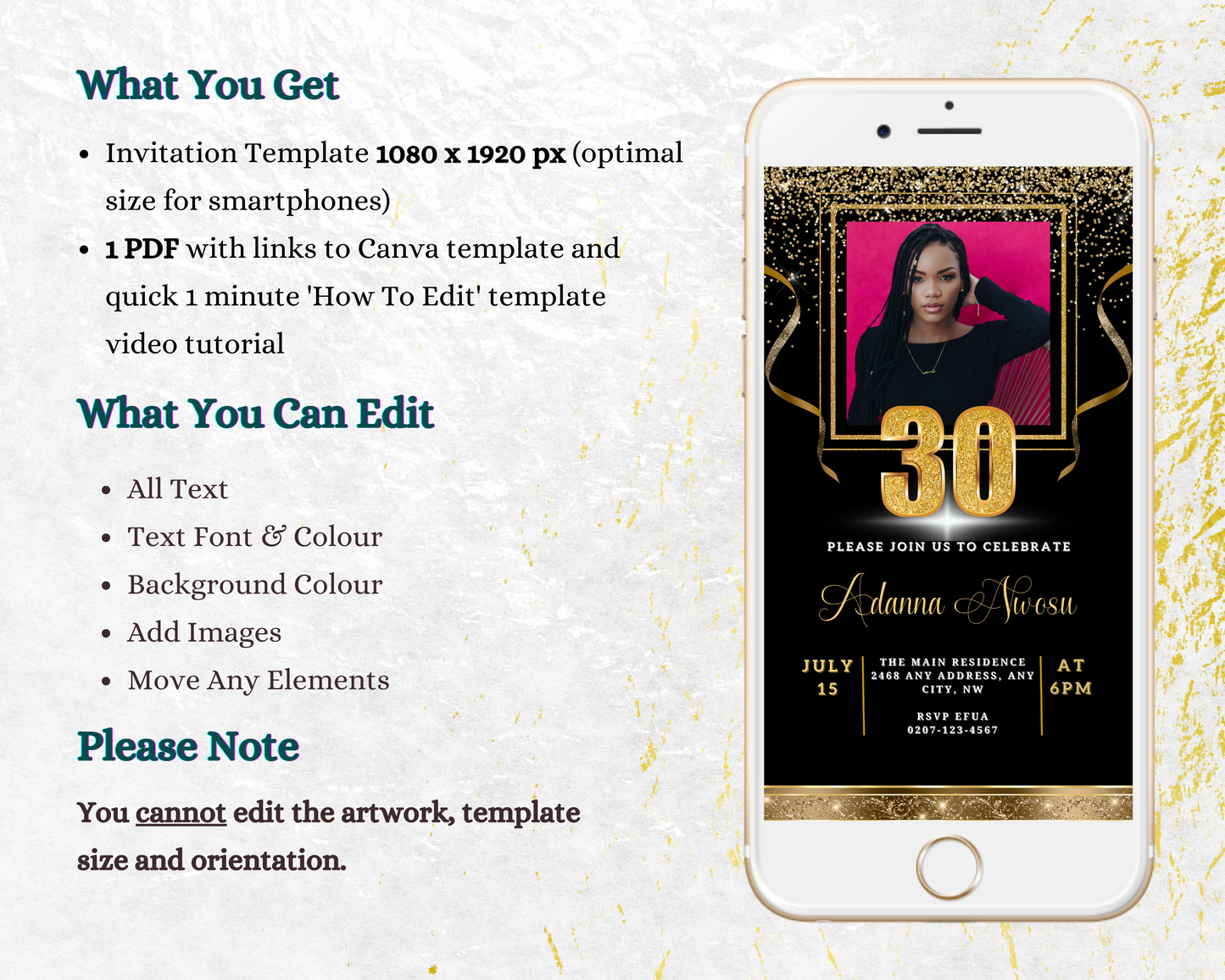 Customizable Digital Black Gold Confetti 30th Birthday Evite displayed on a smartphone with a woman's photo, ready for personalizing and electronic sharing.