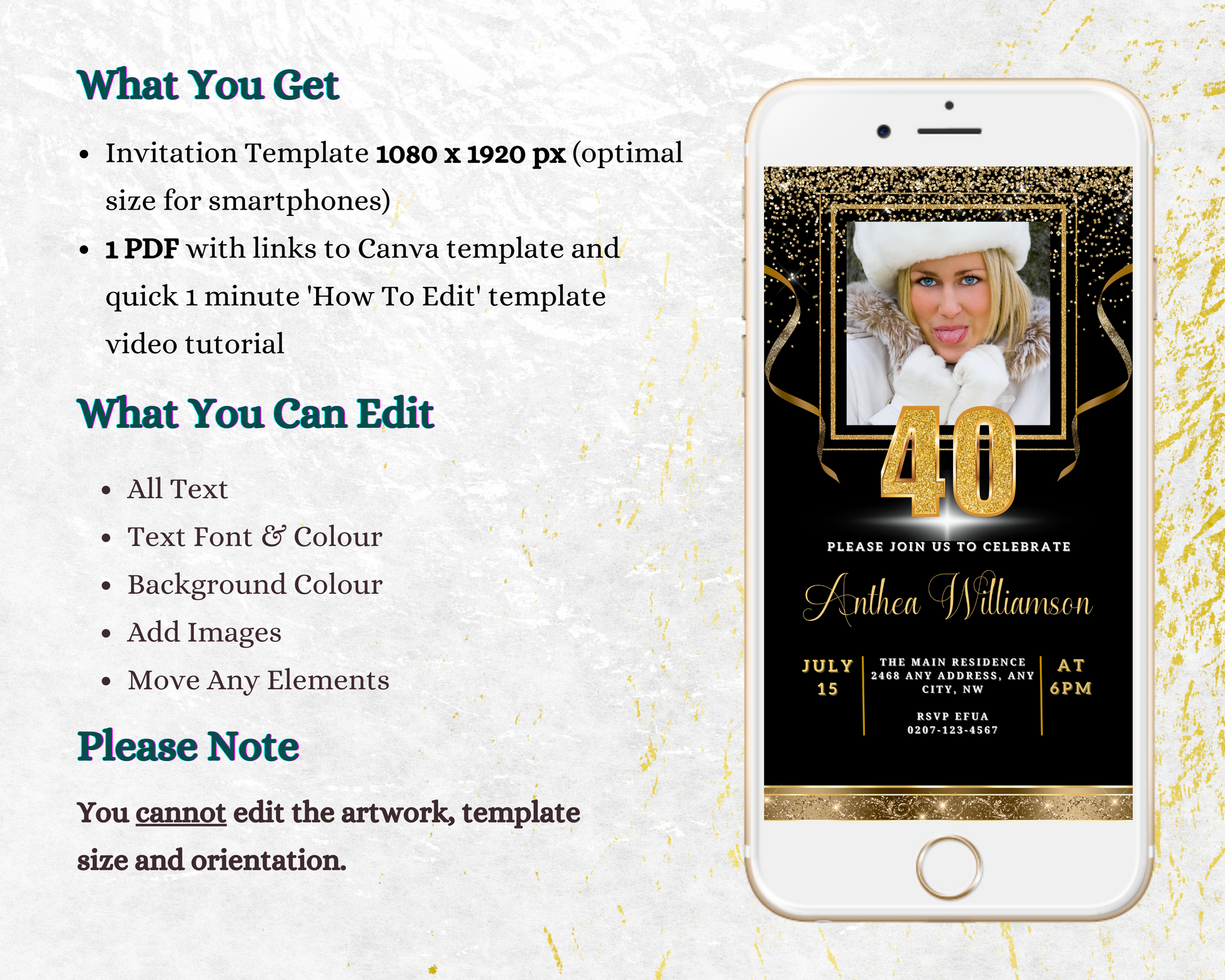 Customizable Black Gold Confetti 40th Birthday Evite displayed on a smartphone, featuring a woman sticking her tongue out. Personalize and share digitally using the Canva Editor.