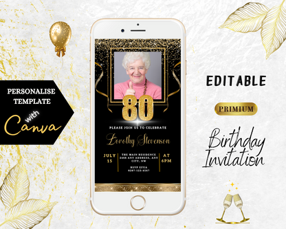 Black Gold Confetti W/Photo | 80th Birthday Evite displayed on a smartphone screen, featuring a customizable photo and celebratory elements.