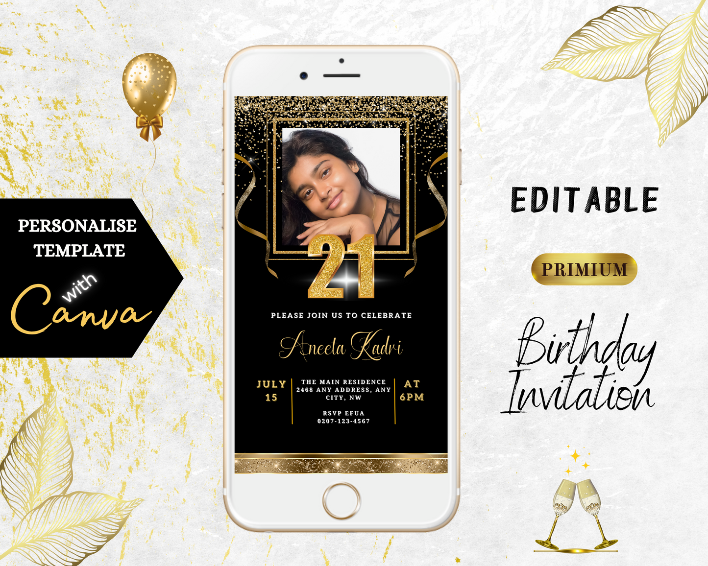 Black Gold Confetti Photo | 21st Birthday Evite displayed on a smartphone screen, featuring a smiling girl and customizable invitation details.