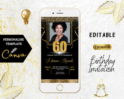 Digital Black Gold Confetti 60th Birthday Evite displayed on a smartphone screen, featuring a smiling woman with customizable text for event details.
