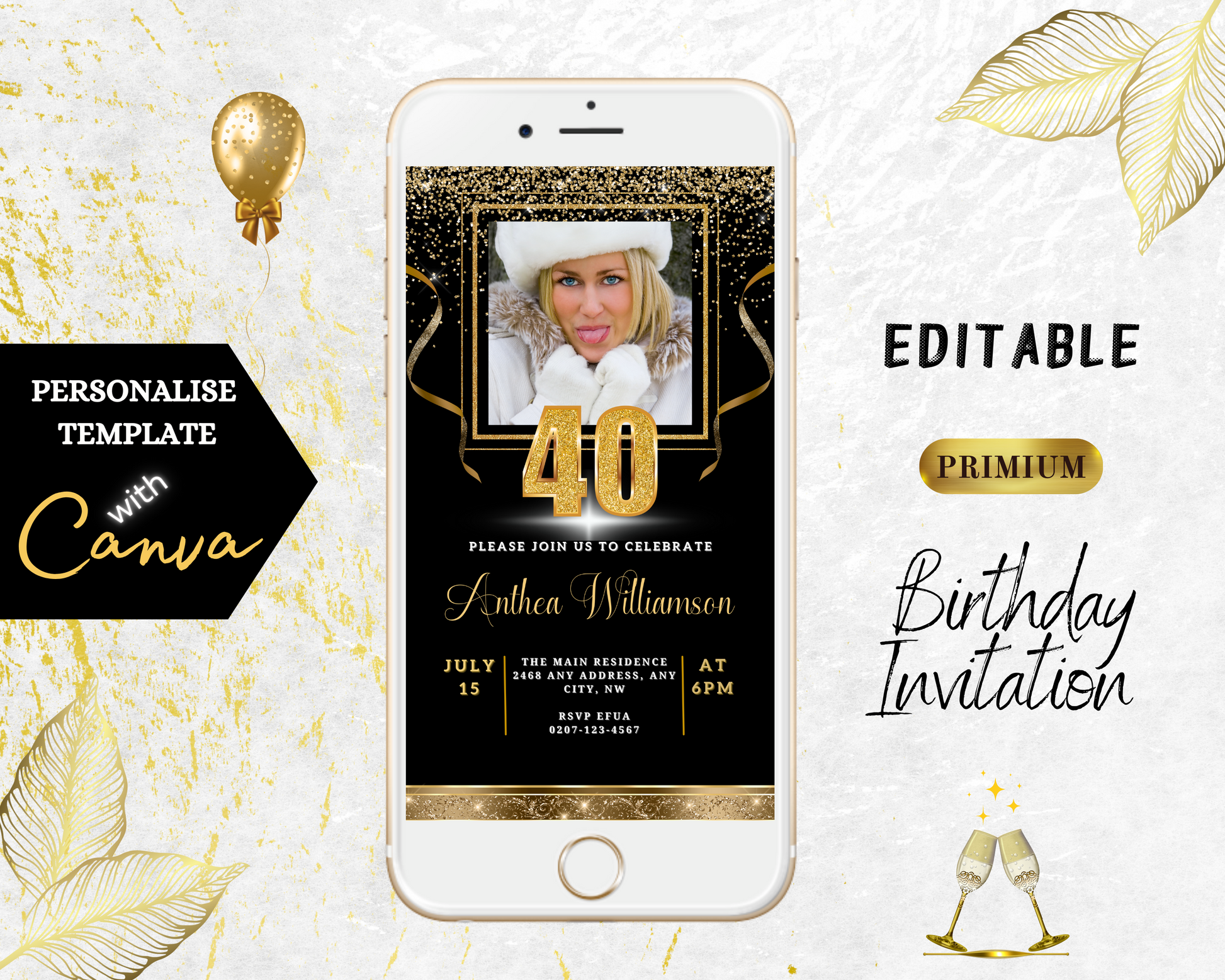 A customizable digital 40th birthday evite, featuring black gold confetti and a photo of a woman sticking her tongue out, displayed on a smartphone.