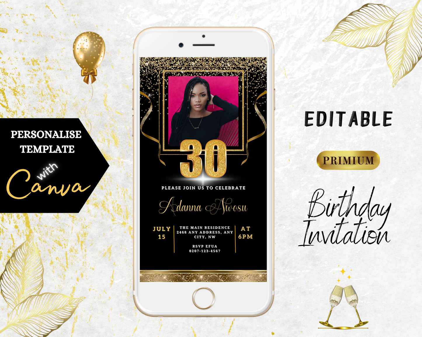 White smartphone displaying a customizable Black Gold Confetti 30th Birthday Evite with a woman's photo, available for editing via Canva.