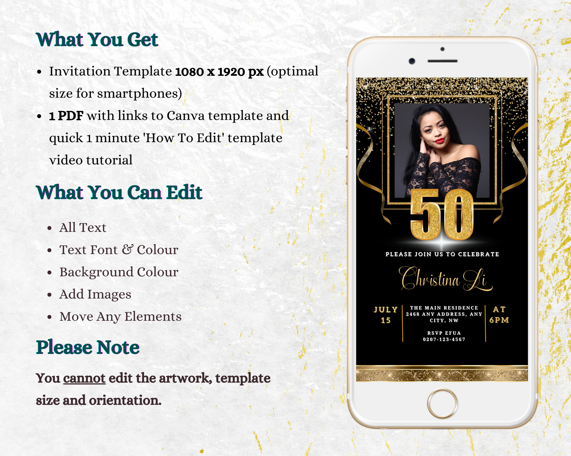 Customizable Black Gold Confetti 50th Birthday Evite displayed on a smartphone, featuring a woman's photo for instant download and personalization in Canva.