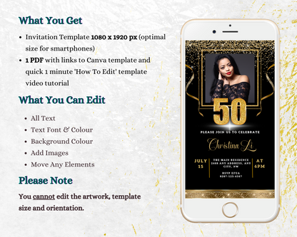 Customizable Black Gold Confetti 50th Birthday Evite displayed on a smartphone, featuring a woman's photo for instant download and personalization in Canva.