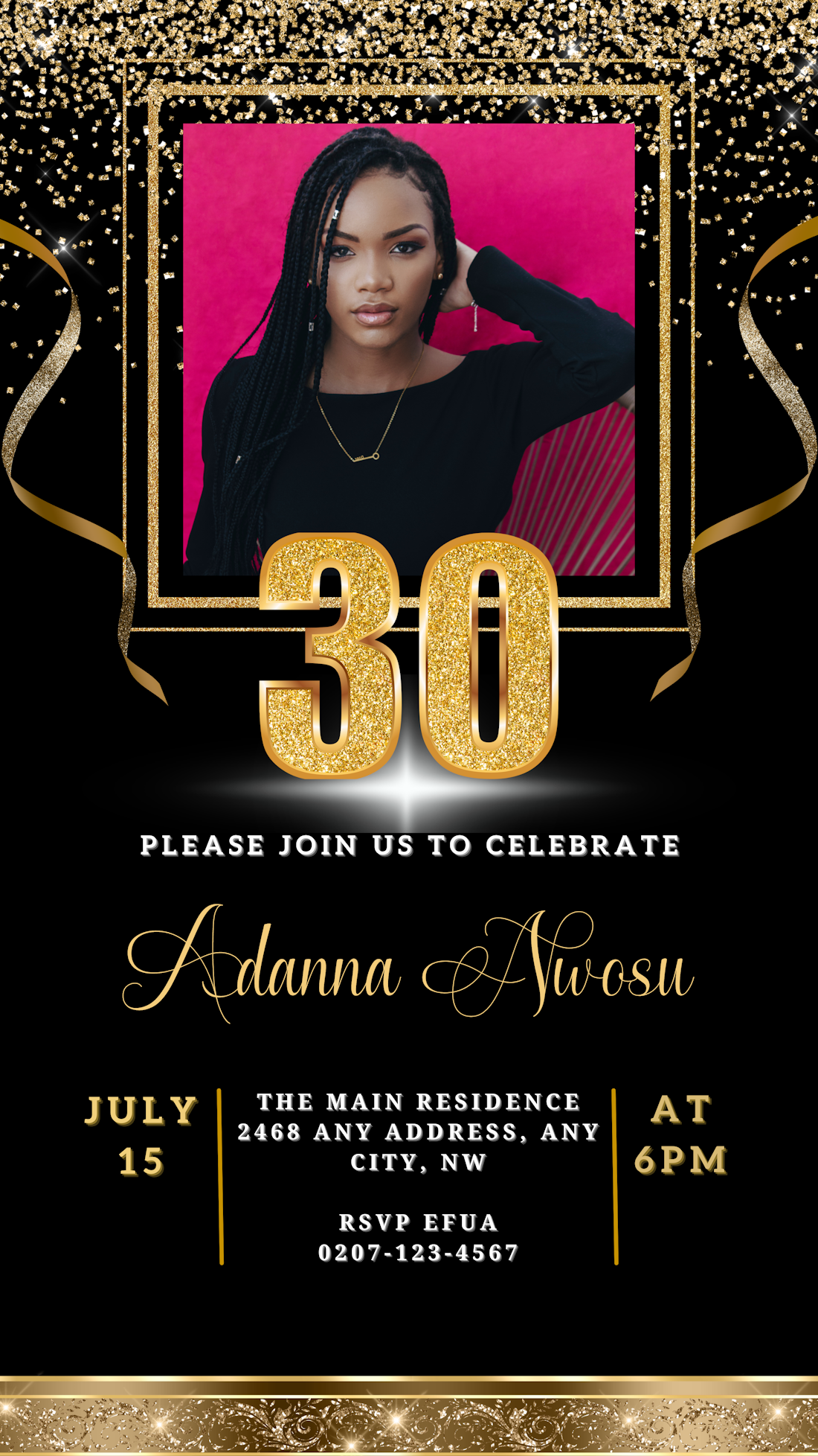 Black Gold Confetti W/Photo | 30th Birthday Evite featuring a woman in a black shirt with gold text and confetti accents, customizable via Canva.