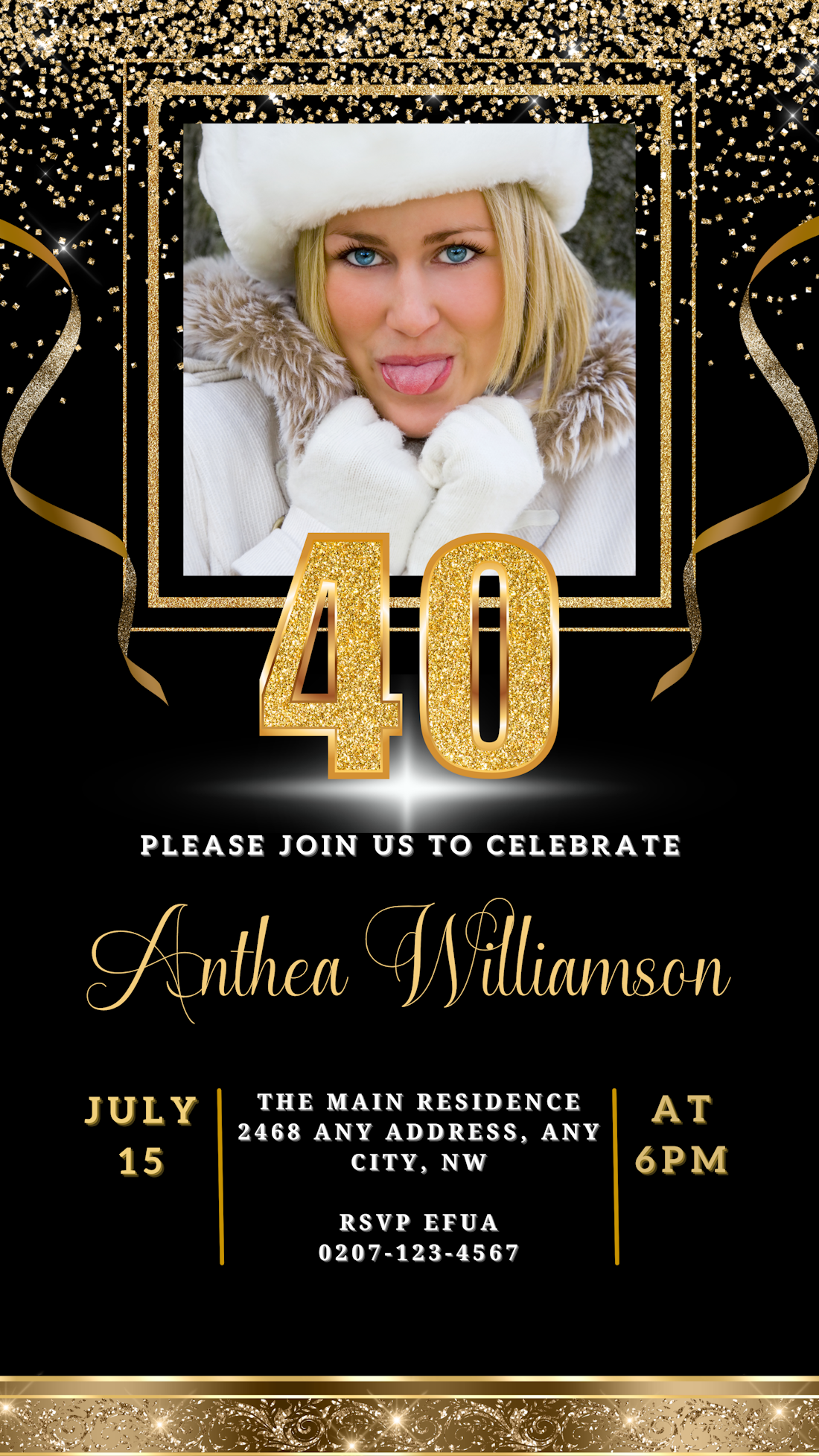 Woman sticking tongue out, representing customisable Digital Black Gold Confetti 40th Birthday Evite, editable via Canva for easy sharing on smartphones.