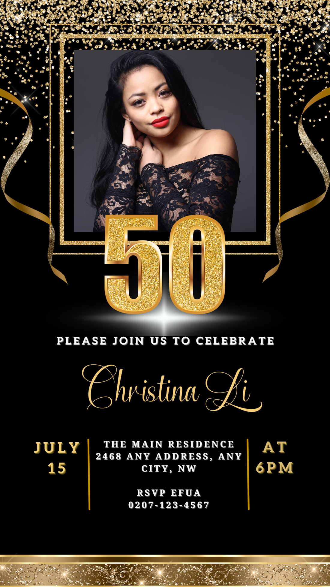 A woman in a black dress promoting a customizable Black Gold Confetti 50th Birthday Evite with her photo.