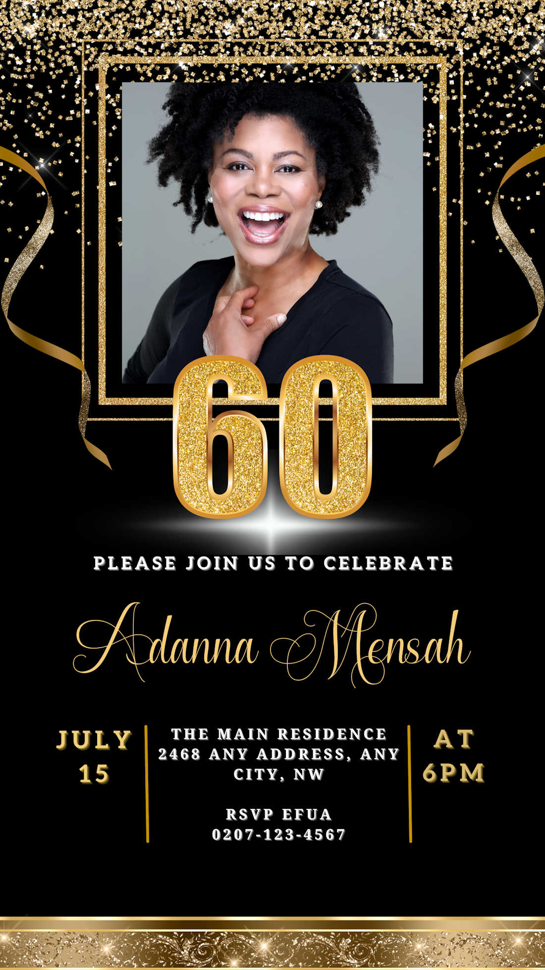 Black Gold Confetti 60th Birthday Evite features a smiling woman on a customizable digital invitation with gold text, designed for easy personalization via Canva.