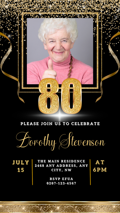 Woman giving a thumbs up with a gold 80 overlay, promoting the customizable Black Gold Confetti W/Photo 80th Birthday Evite by URCordiallyInvited.