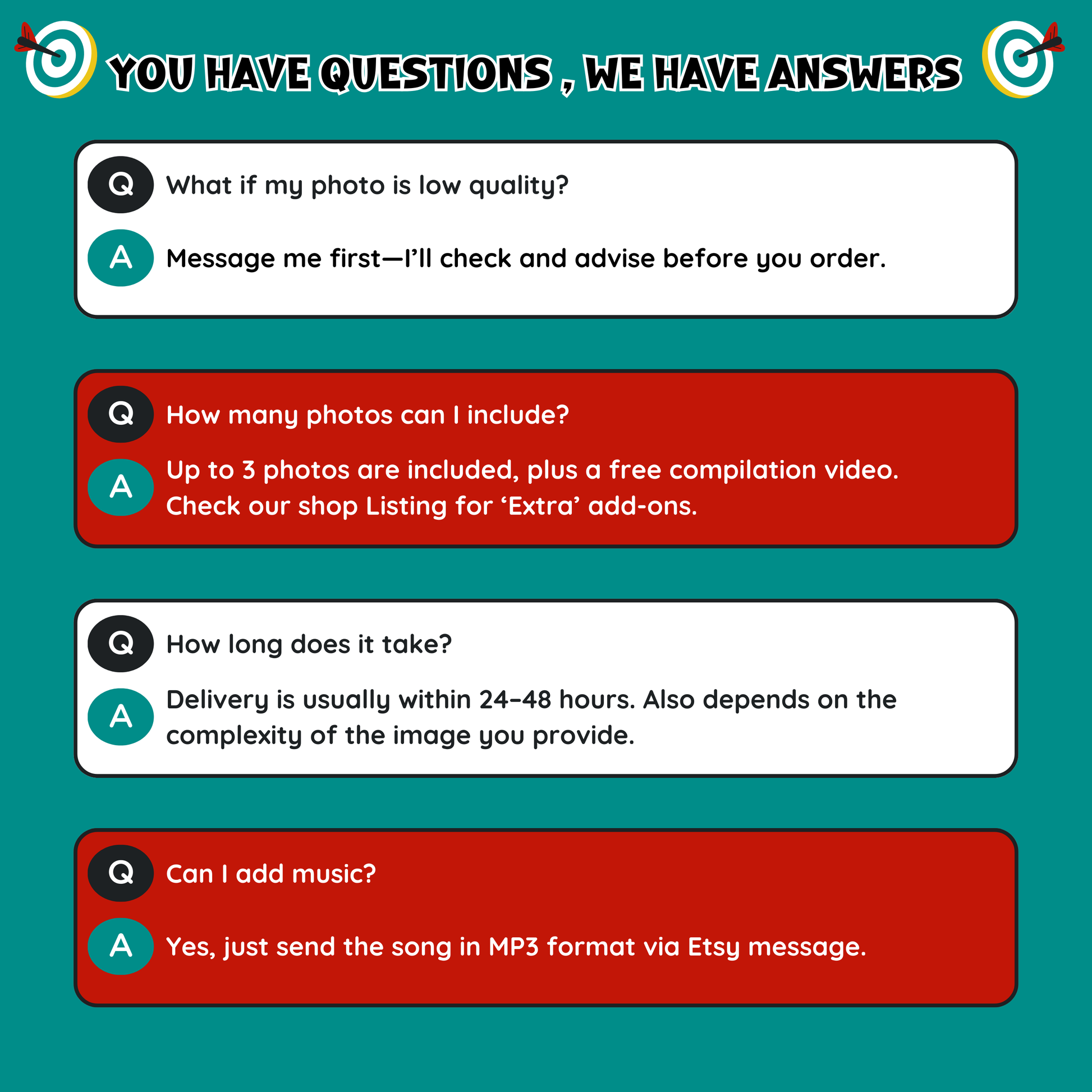Photo To Video Keepsakes Gift FAQ graphic: Answers about photo quality, photo limits, delivery time, and music addition for creating custom animated videos from photos.
