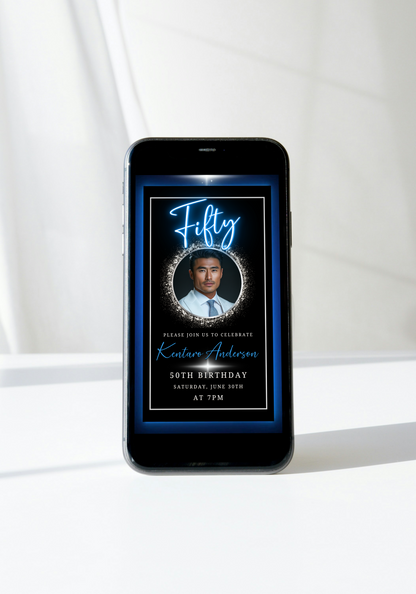 Blue & Silver 50th Birthday Video Invitation displayed on a smartphone screen, featuring an oval photo frame with a man's image, designed for elegant milestone celebrations.