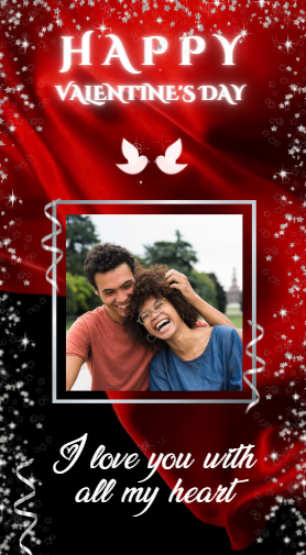 Man and woman laughing, highlighting the Editable Digital Red Flowing Fabric W/Photo Valentine's Ecard, customizable via Canva for easy, eco-friendly, personalized invitations.