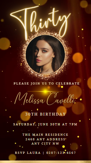 30th Birthday Video Invite showing a woman's face, customizable with Gold Black Maroon Glitter, editable via Canva for digital sharing.