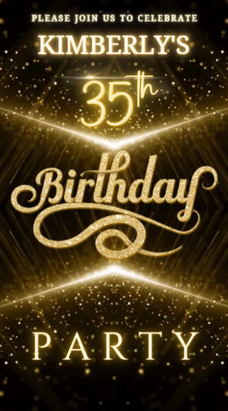 Black Gold Glitter Any Age Birthday Video Invitation template with customizable text and swirly design for personalizing via Canva, perfect for digital sharing.