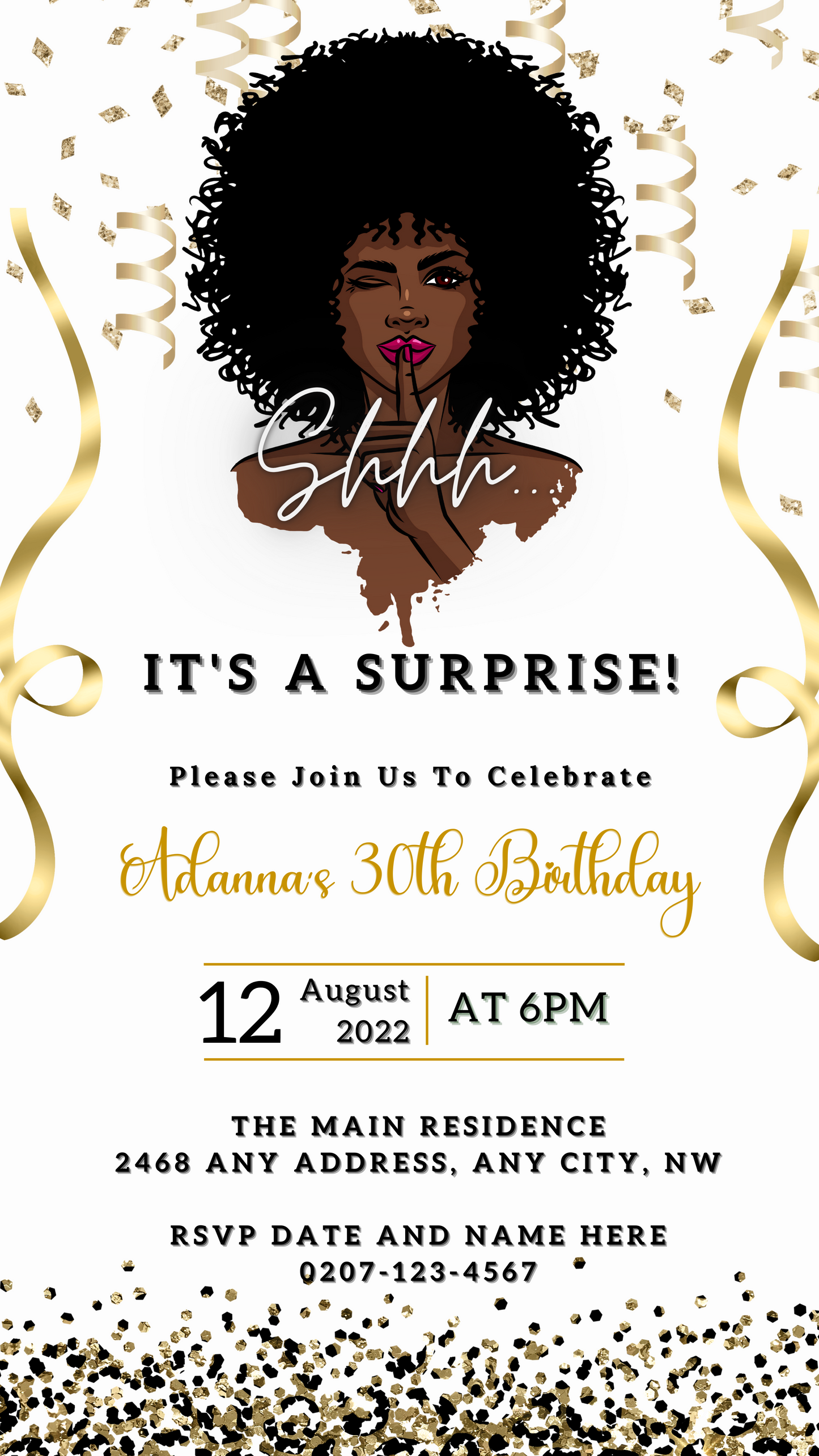 Afro Girl Magic Surprise Editable Party Evite featuring a woman with curly hair and customizable text for digital invitations.