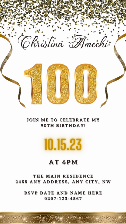 Customisable Digital White Gold Confetti 100th Birthday Evite featuring gold glittery numbers and ribbons on a white background, designed for easy personalisation via Canva.
