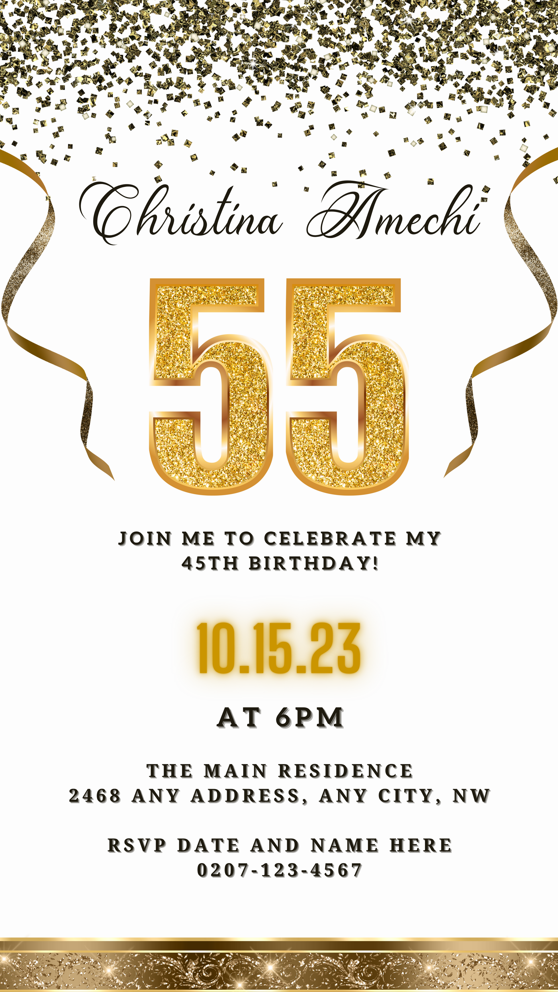 Customizable Digital White Gold Confetti 55th Birthday Evite featuring gold numbers and ribbons on a white background, editable using Canva for easy personalization and electronic sharing.