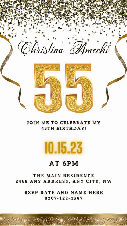 Customizable Digital White Gold Confetti 55th Birthday Evite featuring gold numbers and ribbons on a white background, editable using Canva for easy personalization and electronic sharing.