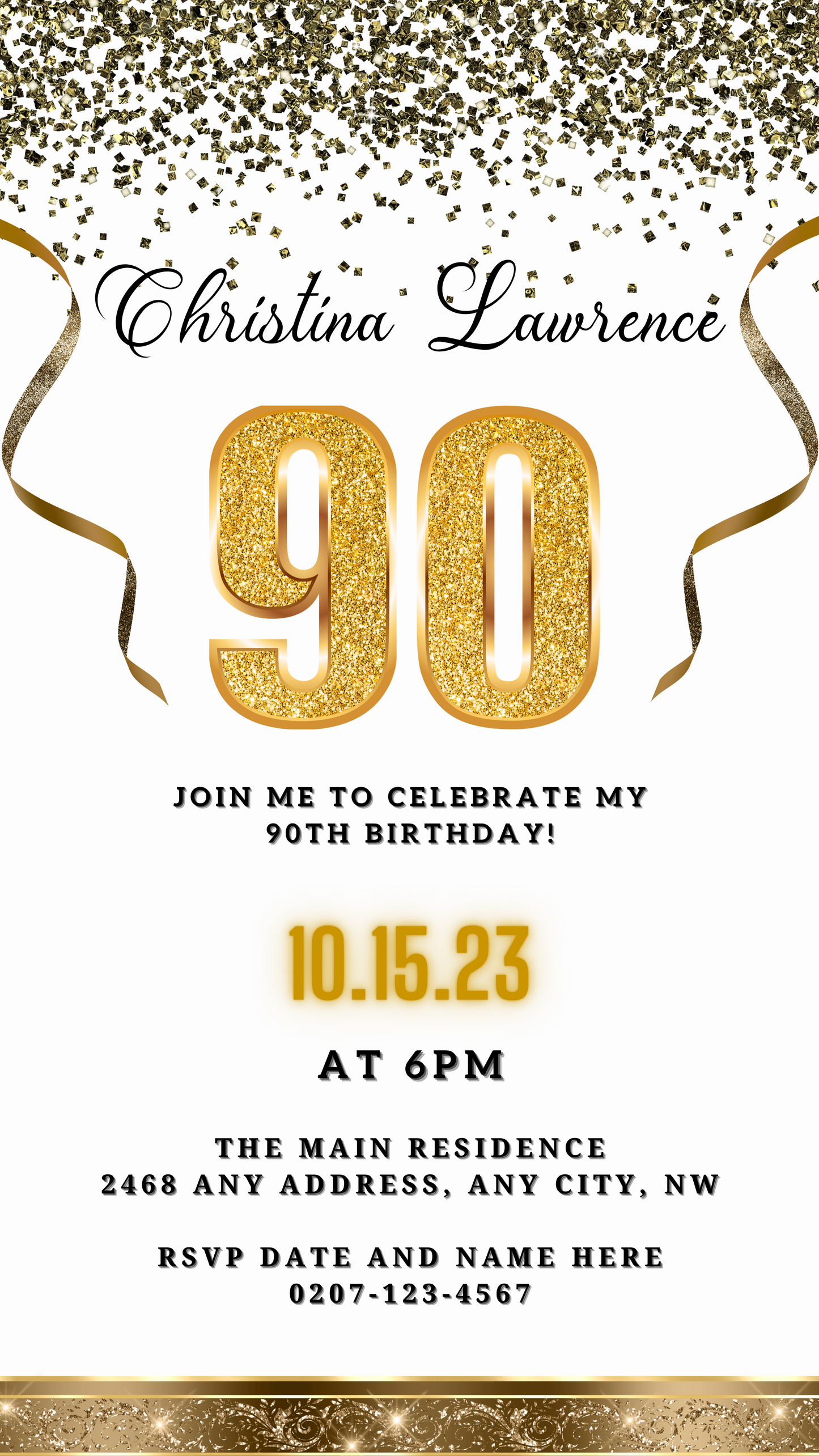 White Gold Confetti 90th Birthday Evite featuring gold numbers and glittery ribbons, customizable via Canva for digital invitations.
