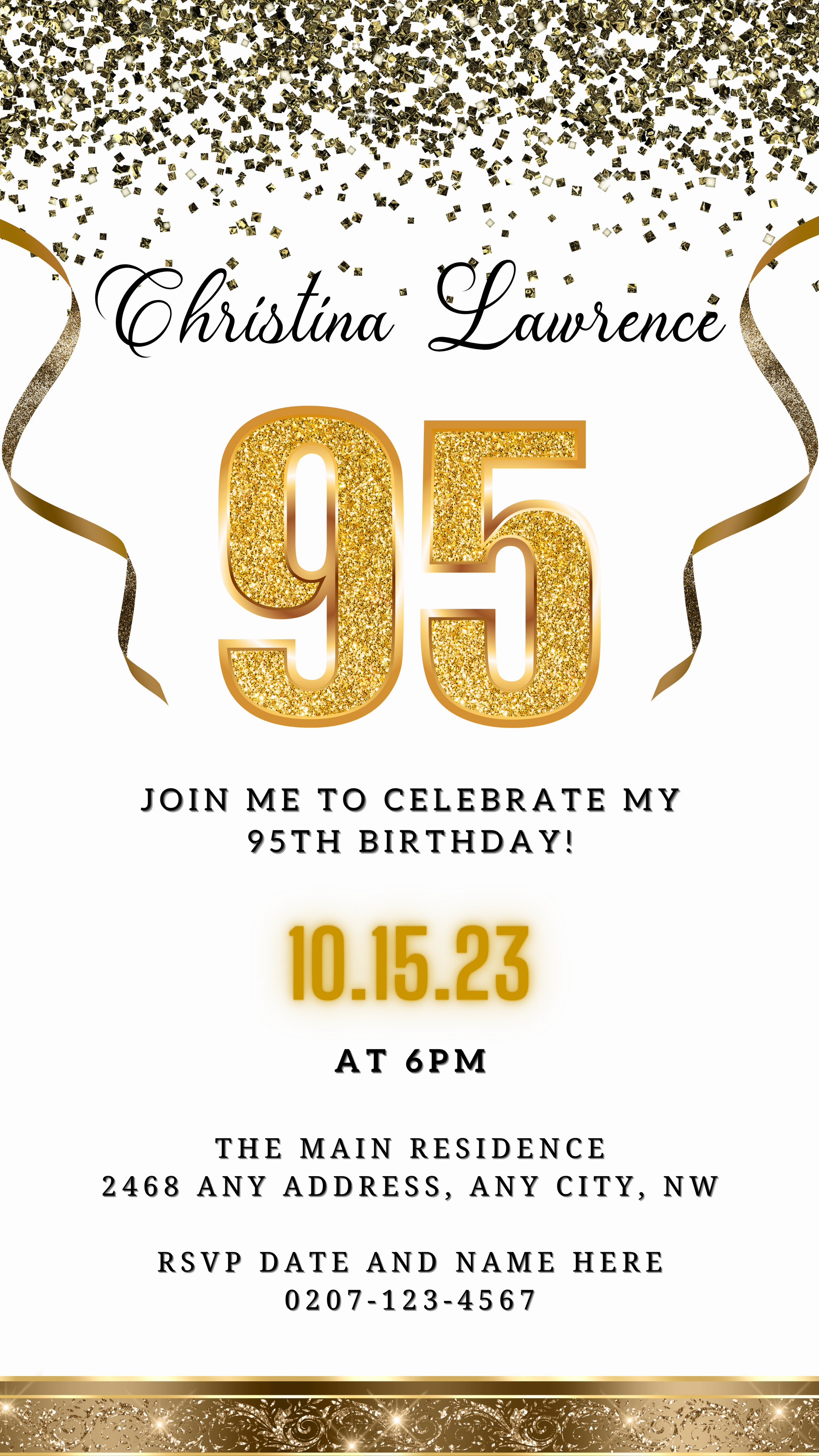 Customizable White Gold Confetti 95th Birthday Evite featuring gold numbers and ribbons on a white background, designed for easy personalization and digital sharing via Canva.