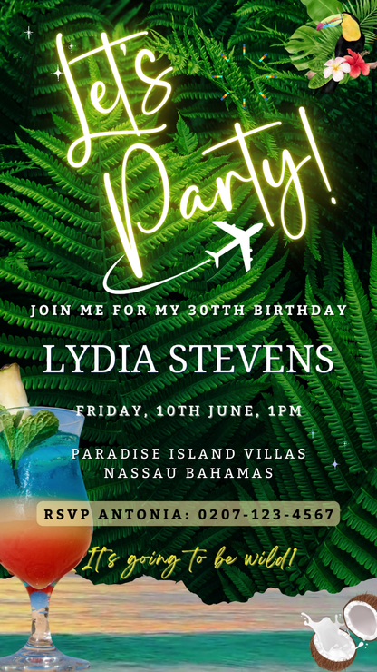 Tropical Ocean Destination Luau Birthday Video Invitation featuring a drink and fern leaves, customizable via Canva for easy personalization and electronic sharing.