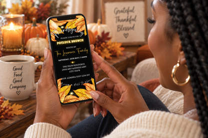 Smiling woman holds a Friendsgiving potluck brunch invitation amid warm autumn decor and cozy Thanksgiving table touches.