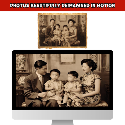Vintage family photo reimagined on screen, showcasing Photo To Video Keepsakes Gift service by URCordiallyInvited, turning memories into animated videos.
