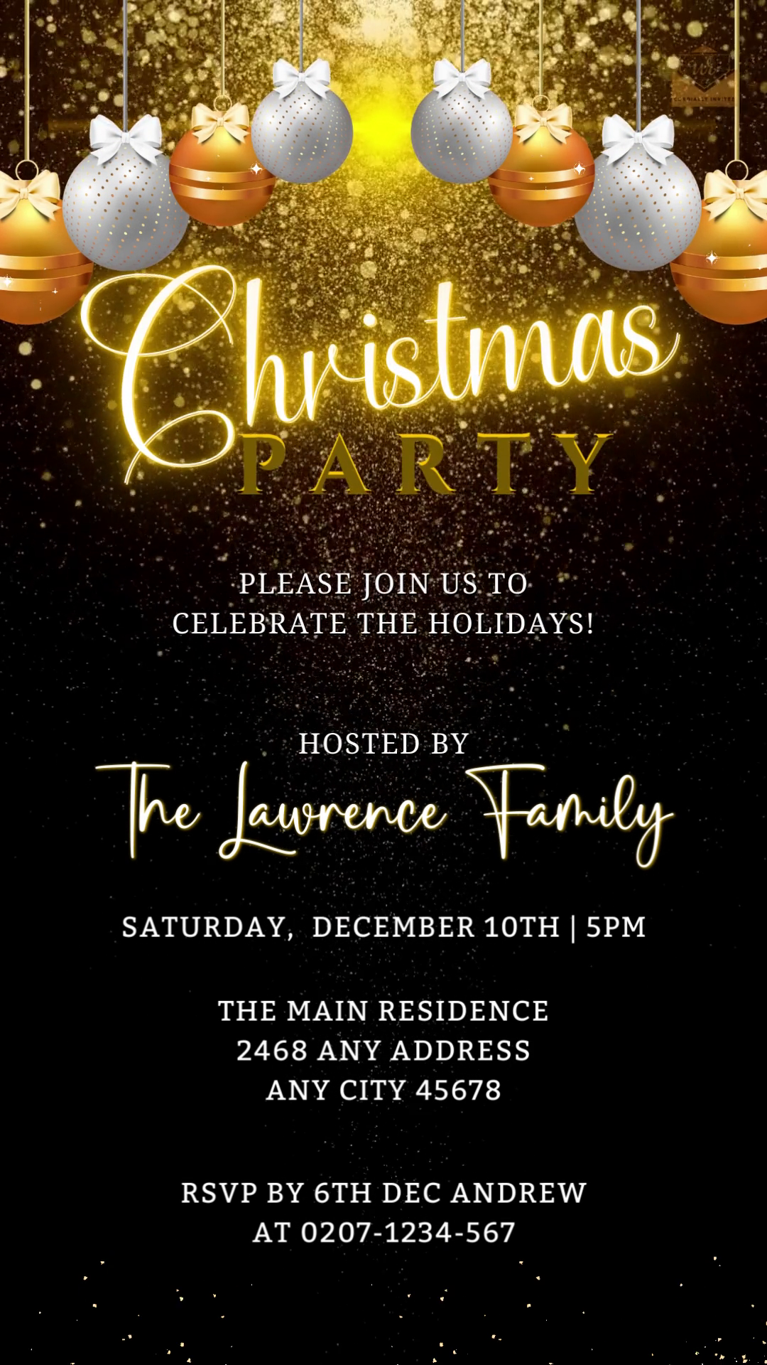 Snowy Gold White Ornaments Glitter Christmas Party Video Invite displayed with festive black and gold design, sparkles, and various holiday decorations.