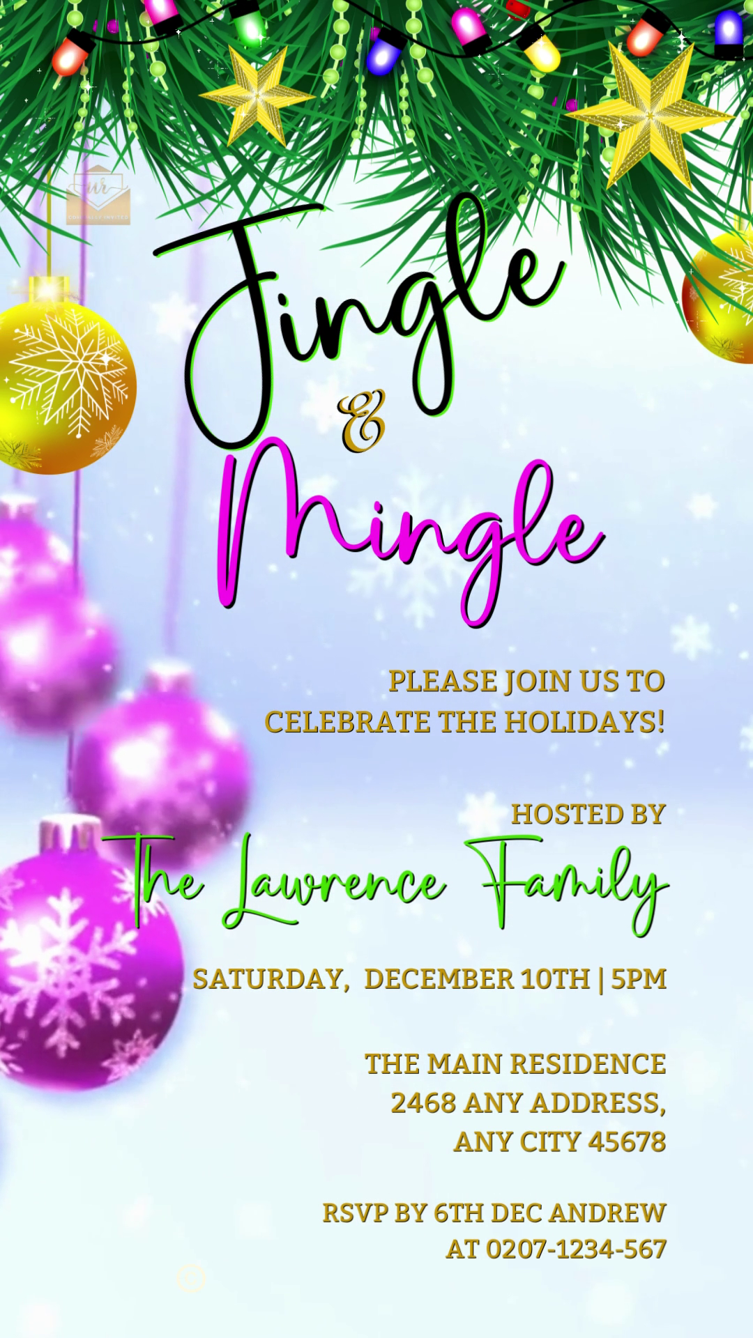 Jingle & Mingle Pink Gold Christmas Party Video Invite featuring purple and yellow ornaments, editable via Canva for easy personalization and digital sharing.