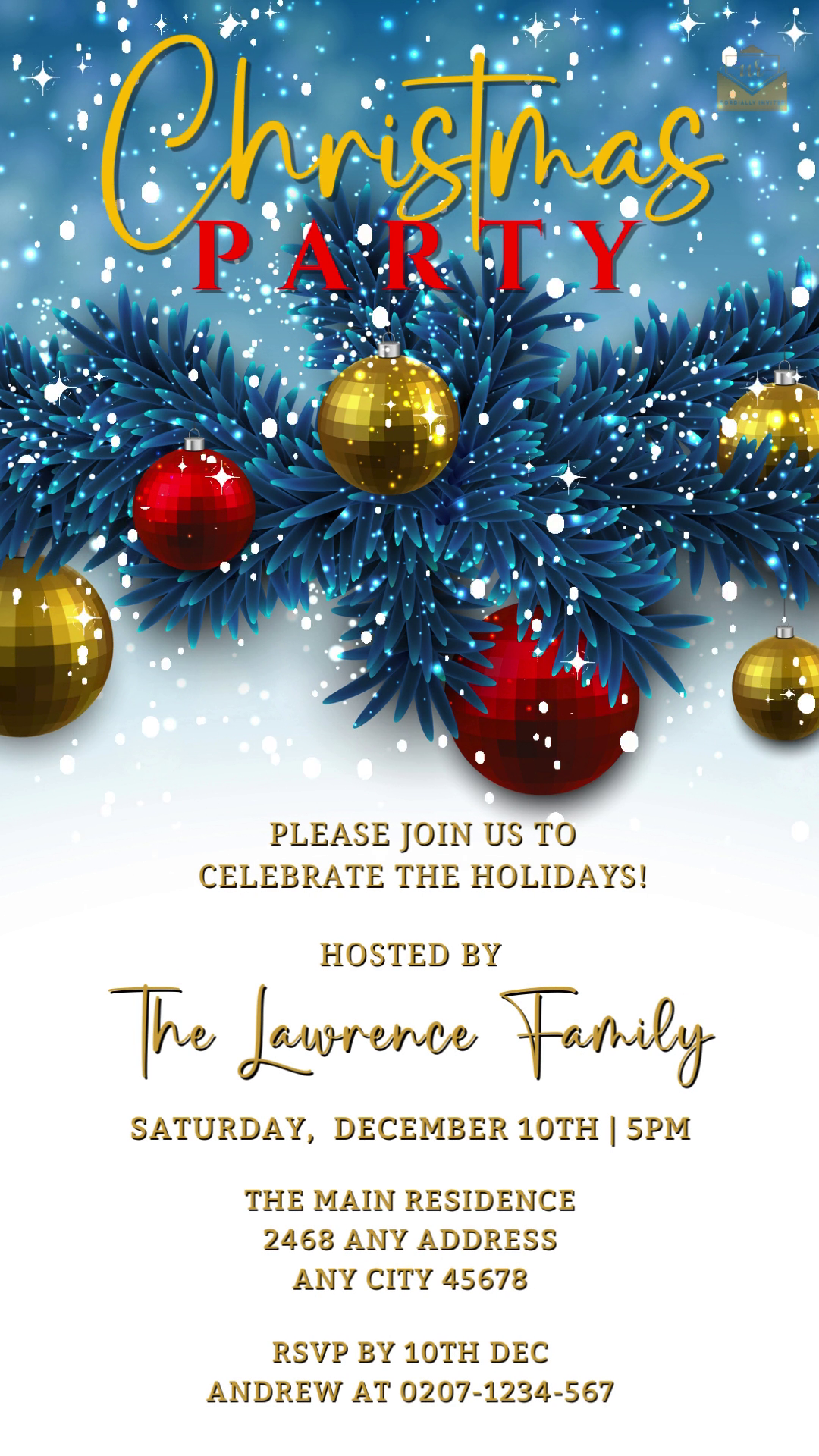 Snowy Elegance Blue Leaves Christmas Party Video Invite featuring digital ornaments, editable via Canva for personalized event details, perfect for eco-friendly electronic invitations.