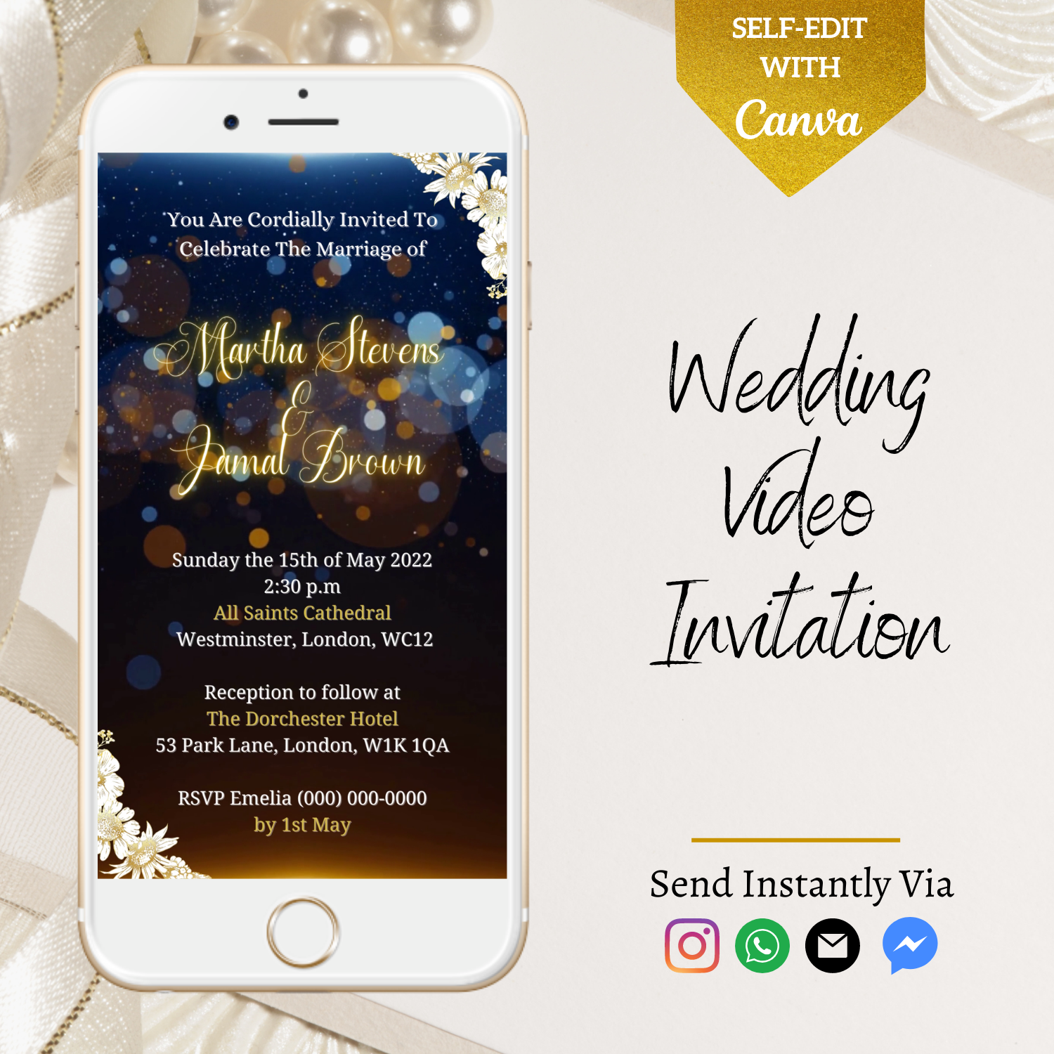 Customisable Gold Blue Floral Wedding Video Invitation displayed on a smartphone screen, ready for personalisation with event details using the Canva app.