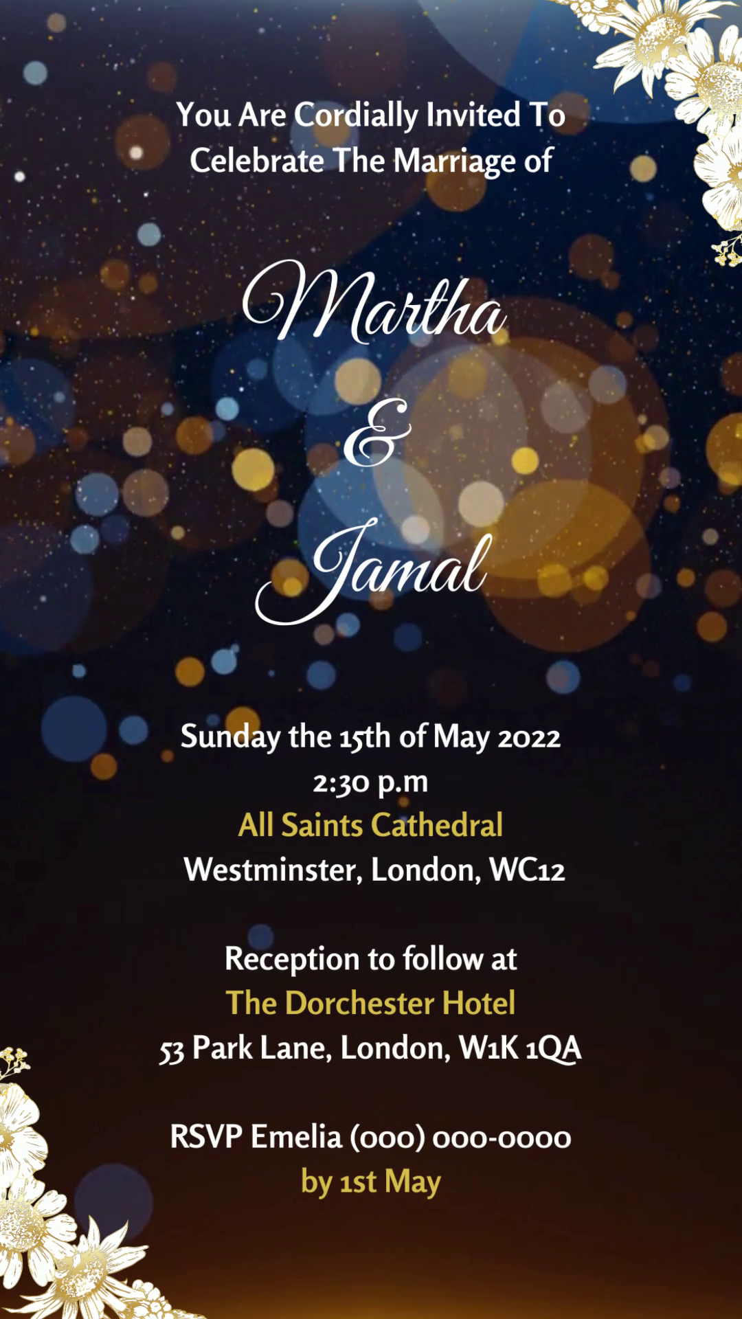 Gold Blue Floral Wedding Video Invitation with customizable text and lights, featuring white flowers and yellow accents, designed for digital personalization and electronic sharing.