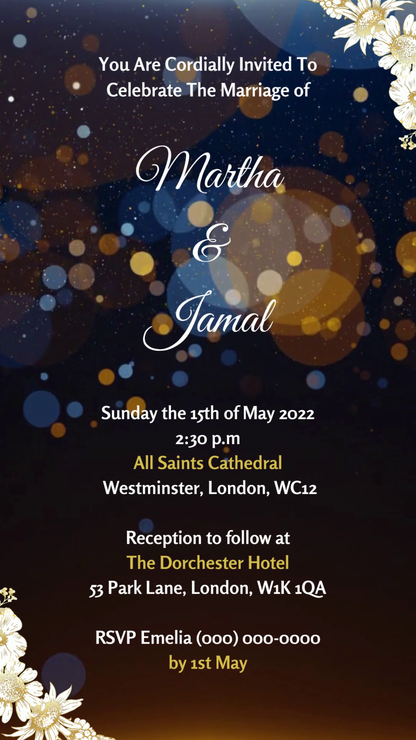 Gold Blue Floral Wedding Video Invitation with customizable text and lights, featuring white flowers and yellow accents, designed for digital personalization and electronic sharing.