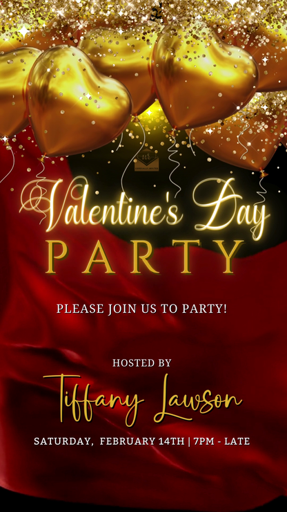 Editable digital invite with red silk, neon gold heart balloons, and customizable text for a Valentine's party, designed for easy personalization via the Canva app.