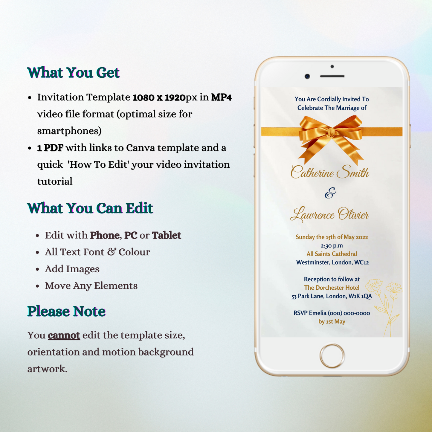 Gold White Silk Bow Wedding Video Invitation displayed on a smartphone, featuring a gold bow. Customizable digital template for events, editable via Canva.