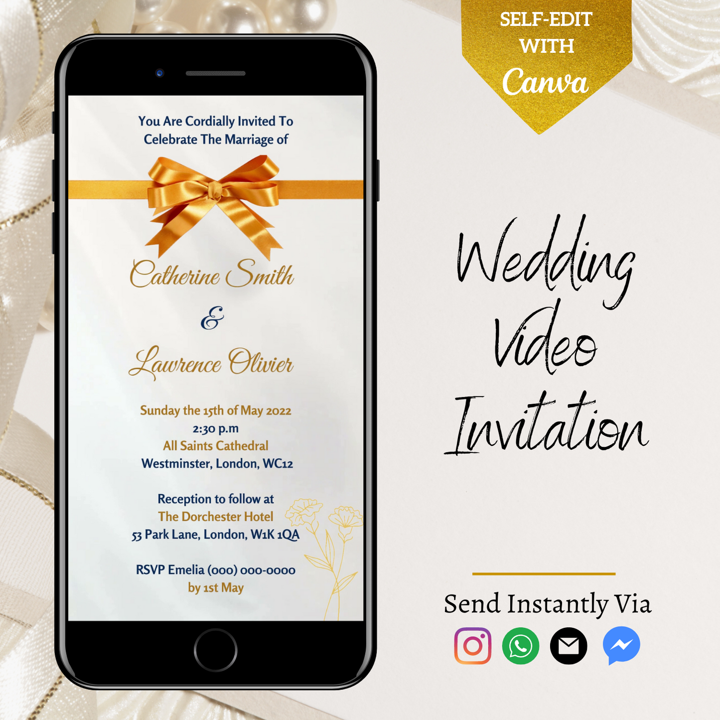 Gold White Silk Bow Wedding Video Invitation displayed on a smartphone, adorned with a gold ribbon, customizable via Canva for easy electronic sharing.