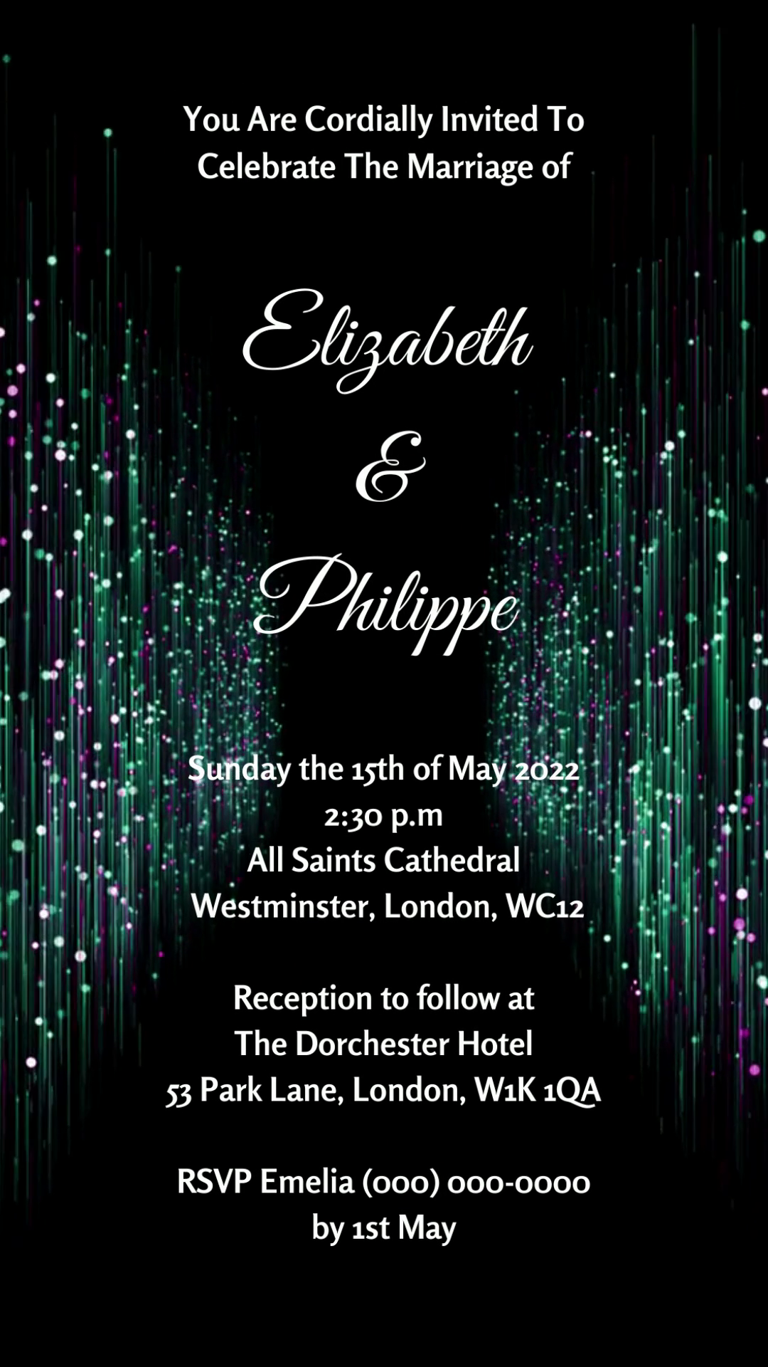 Customizable Digital Green Purple Glitter Wedding Video Invitation with editable text on a black background, designed for smartphone use, available for instant download.