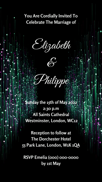 Customizable Digital Green Purple Glitter Wedding Video Invitation with editable text on a black background, designed for smartphone use, available for instant download.
