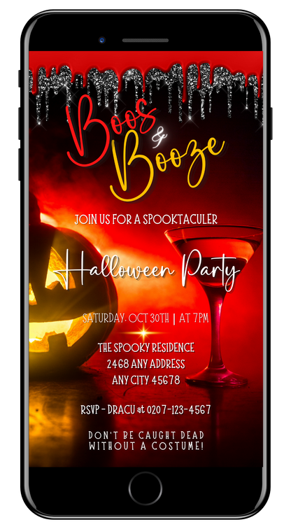 Cell phone screen displaying a Halloween-themed invitation with a carved pumpkin and a martini glass, titled BOOS & BOOZE RED HOT PUMPKIN | HALLOWEEN EVITE.