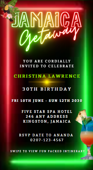 Digital Jamaica Girl's Getaway Party Video Invitation with customizable text and graphics, featuring a drink illustration and neon sign, editable via Canva for easy sharing.