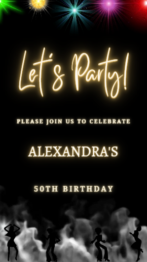 Customisable Colourful Smoking Disco Birthday Party Video Invitation, featuring editable text and silhouettes of people running in the dark, suitable for digital sharing.