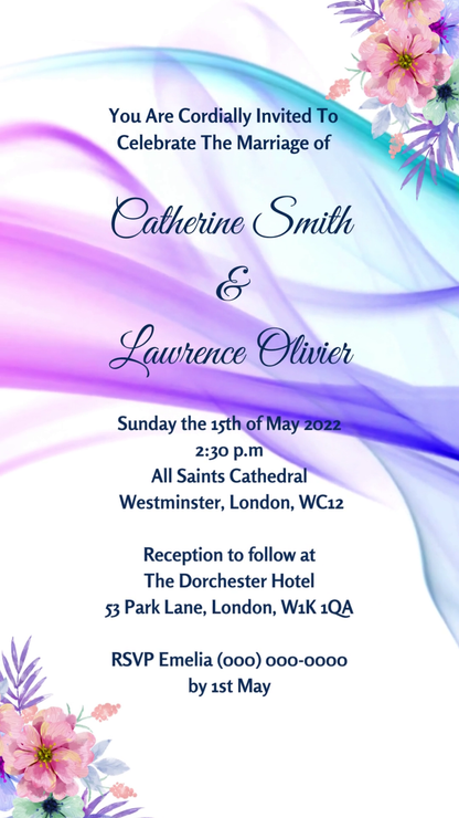 Wedding invitation with purple and blue smoke design, customizable via Canva for smartphones. Downloadable and editable video format for sharing digitally.