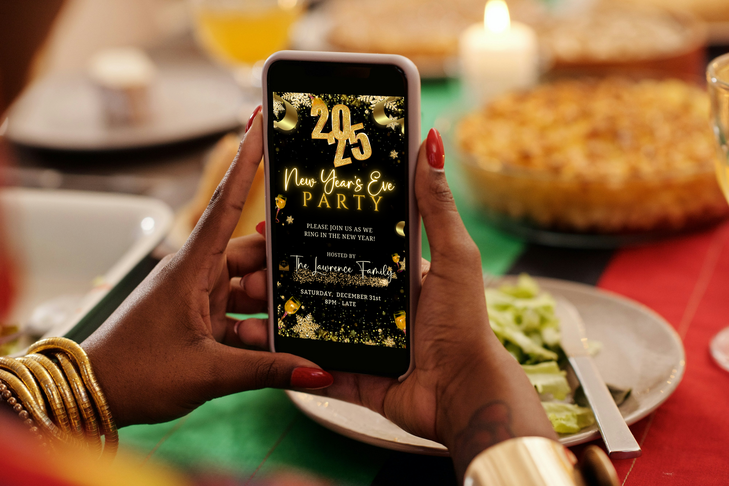 Person holding a phone displaying the New Year’s Eve Party Sparkling Animated Video Invitation, featuring festive golden decorations and champagne glasses, customizable for celebrations.