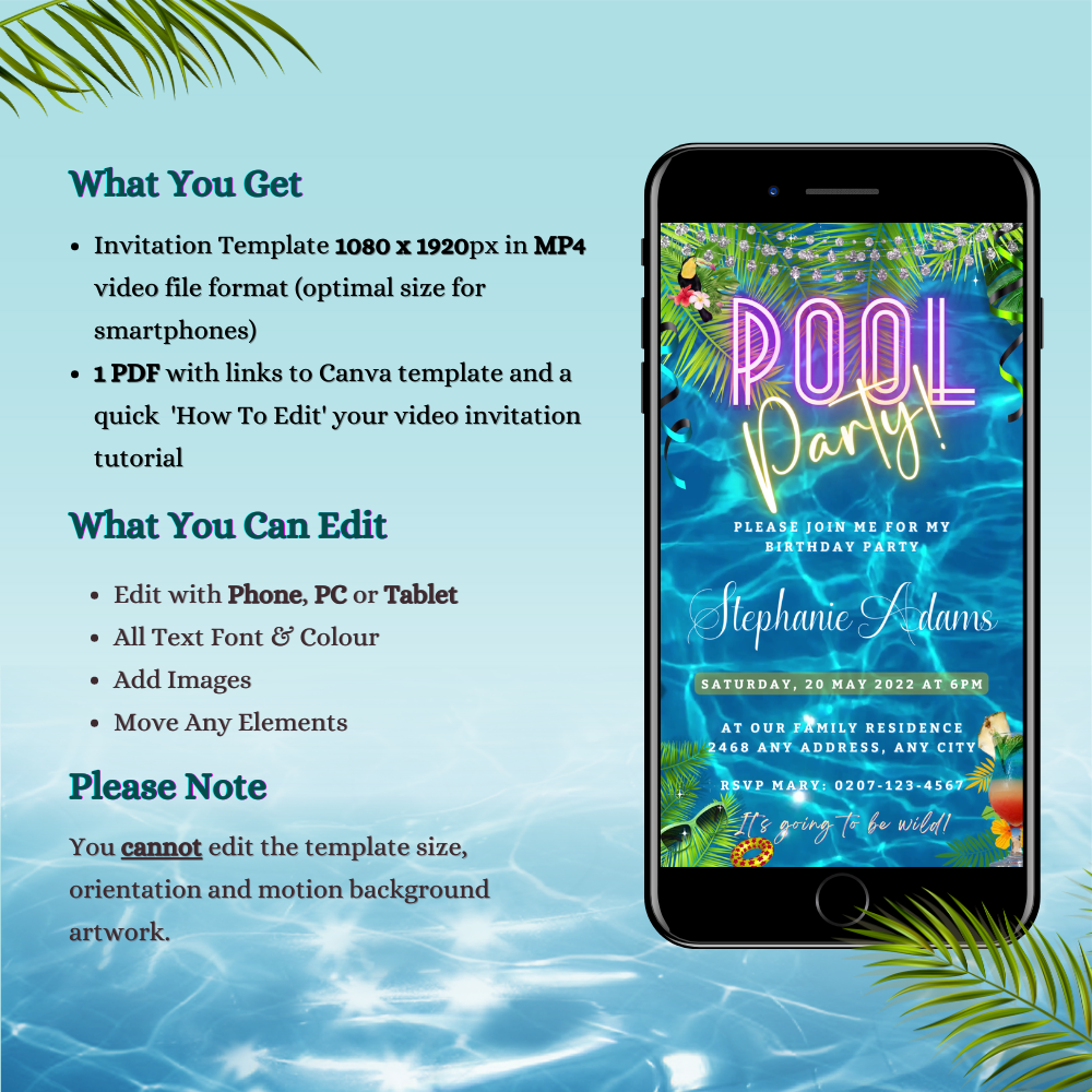 Smartphone displaying a customizable Blue Water Pool Party Video Invitation, with palm leaves and text, promoting an eco-friendly, digital invitation template from URCordiallyInvited.