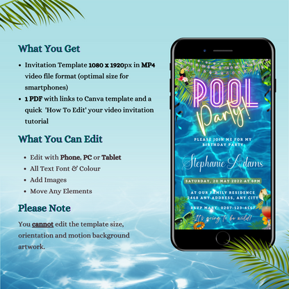 Smartphone displaying a customizable Blue Water Pool Party Video Invitation, with palm leaves and text, promoting an eco-friendly, digital invitation template from URCordiallyInvited.