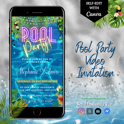 Customizable Blue Water Pool Party Video Invitation displayed on a smartphone screen, featuring palm leaves and streamers, editable via Canva for easy personalization and electronic sharing.