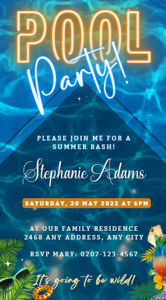 Blue Water Diamond Pool Party Video Invitation featuring customizable text, green sunglasses graphic, and editable elements for personalizing event details using Canva.